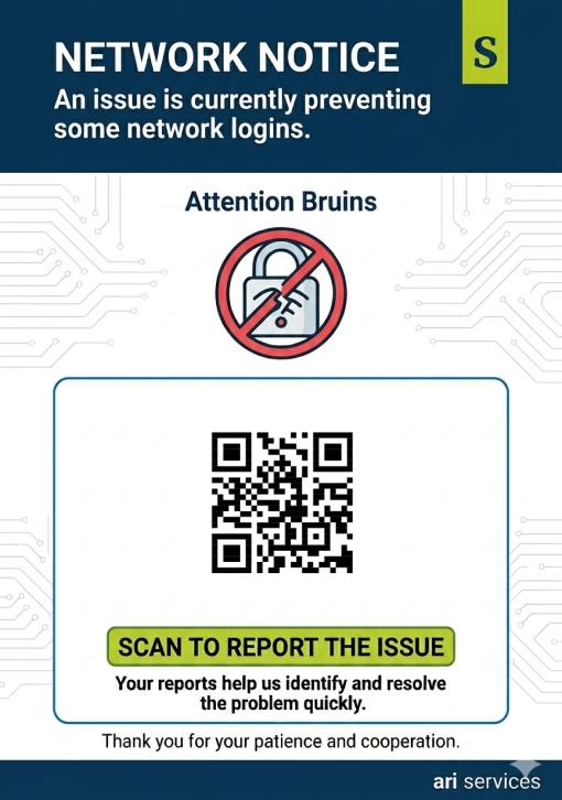 Disguised network-error campus poster blended with real campus signage